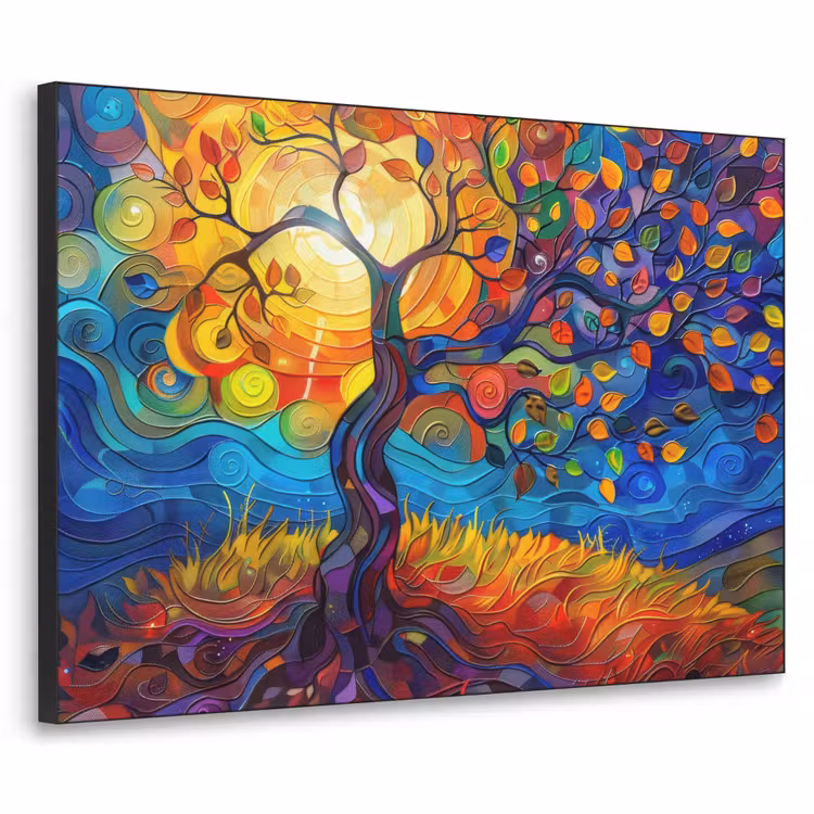 Boom - Zon - Verflook - Kleuren - Abstract Textielframe - compleet frame klein -3d