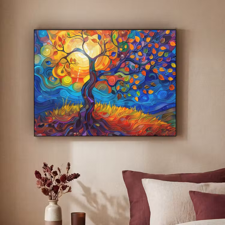 Boom - Zon - Verflook - Kleuren - Abstract Textielframe - compleet frame klein -sfeer1