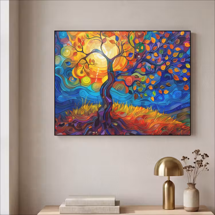Boom - Zon - Verflook - Kleuren - Abstract Textielframe - compleet frame klein -sfeer2