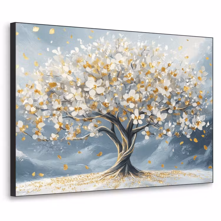 Boom - Winter - Levensboom - Modern - Goud Textielframe zwart klein -3d