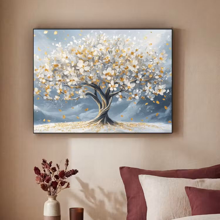 Boom - Winter - Levensboom - Modern - Goud Textielframe - compleet frame klein -sfeer1
