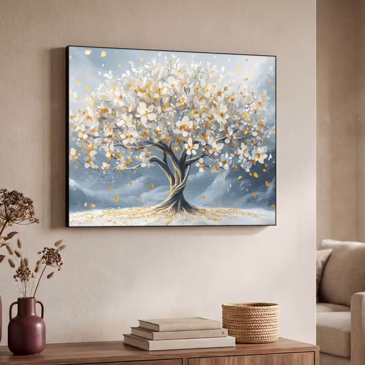 Boom - Winter - Levensboom - Modern - Goud Textielframe zwart klein -sfeer3