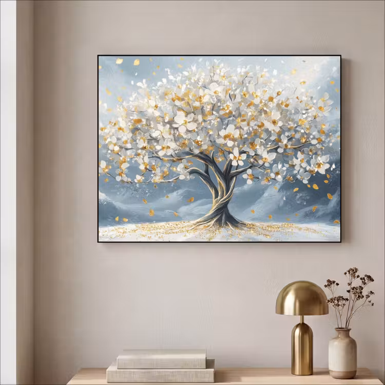 Boom - Winter - Levensboom - Modern - Goud Textielframe zwart klein -sfeer2
