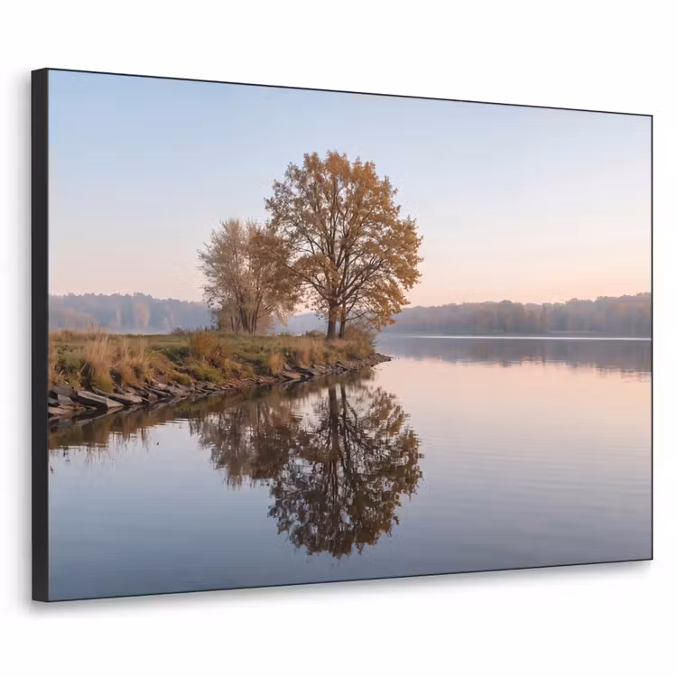 Bomen - Reflectie - Water - Zonsopgang - Serene Textielframe zwart klein -3d