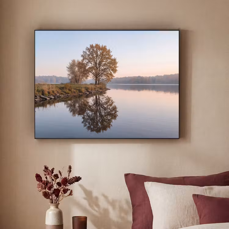 Bomen - Reflectie - Water - Zonsopgang - Serene Textielframe zwart klein -sfeer1