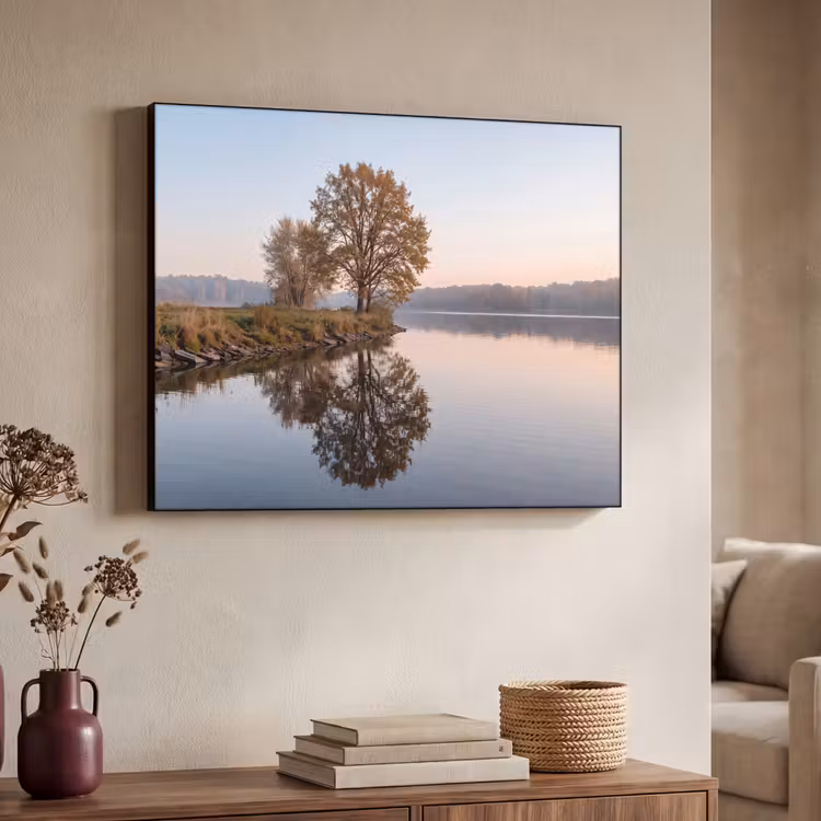 Bomen - Reflectie - Water - Zonsopgang - Serene Textielframe zwart klein -sfeer3