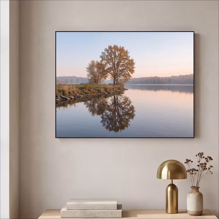 Bomen - Reflectie - Water - Zonsopgang - Serene Textielframe zwart klein -sfeer2