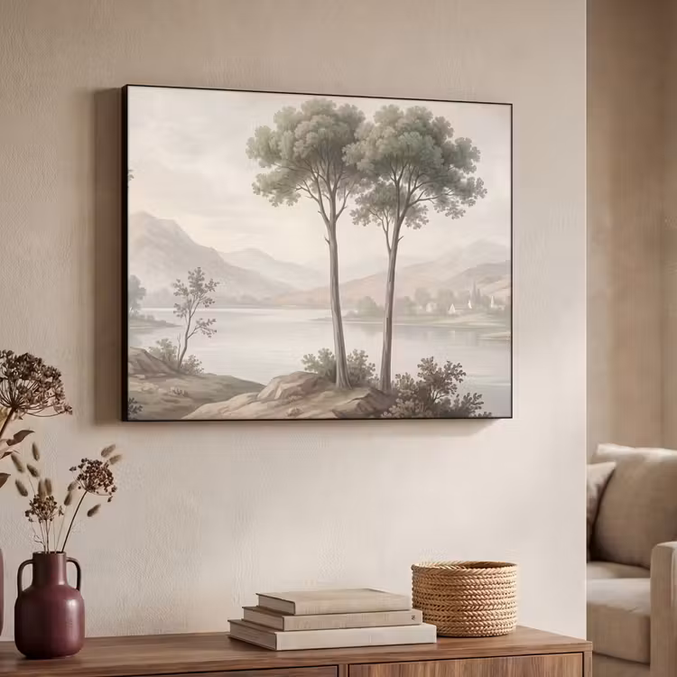 Bomen - Meer - Bergen - Illustratie Textielframe zwart klein -sfeer3