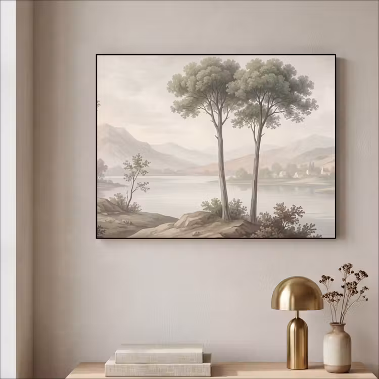 Bomen - Meer - Bergen - Illustratie Textielframe zwart klein -sfeer2