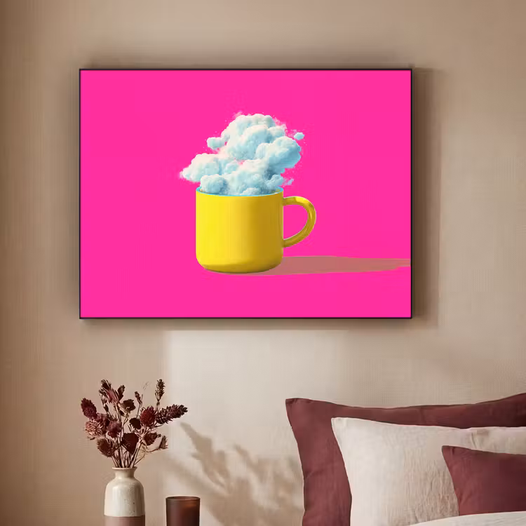 Mok - Wolken - Roze - Minimalitisch Textielframe zwart klein -sfeer1