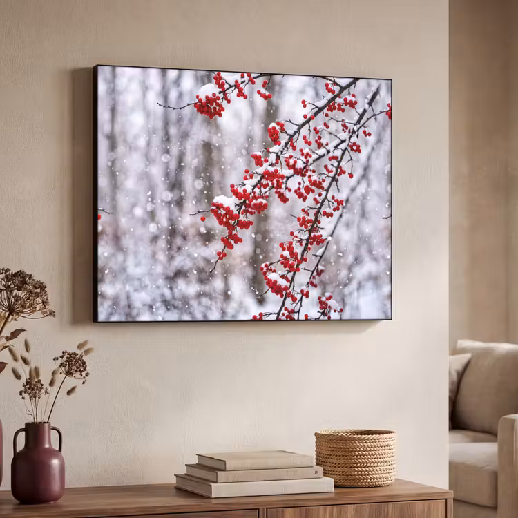 Bessen - Takken - Sneeuw - Winter - Kleurrijk Textielframe zwart klein -sfeer3