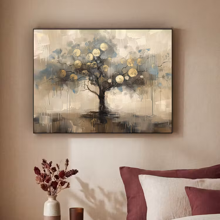 Beige - Abstract - Boom - Goud Textielframe zwart klein -sfeer1