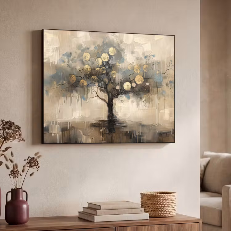 Beige - Abstract - Boom - Goud Textielframe zwart klein -sfeer3
