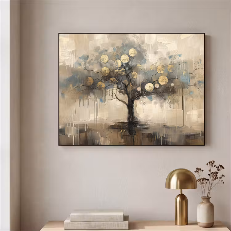 Beige - Abstract - Boom - Goud Textielframe - compleet frame klein -sfeer2