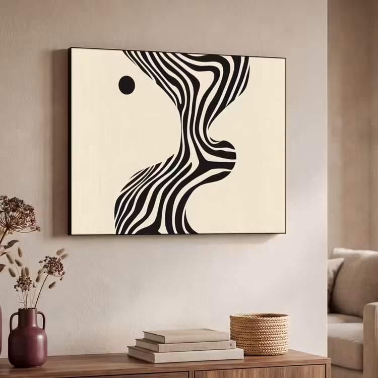 Beige - Lijnen - Golvend - Abstract Textielframe zwart klein -sfeer3