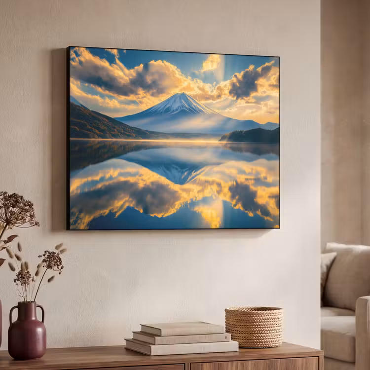 Berg - Rivier - Zonsondergang Textielframe - compleet frame klein -sfeer3