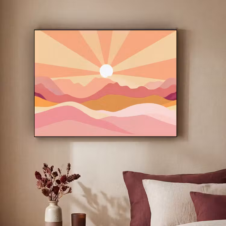 Bergen - Abstract - Zonnestralen - Roze Textielframe - compleet frame klein -sfeer1