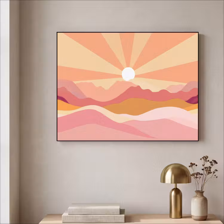 Bergen - Abstract - Zonnestralen - Roze Textielframe - compleet frame klein -sfeer2