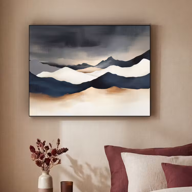 Bergen - Donkerblauw - Landschap Textielframe zwart klein -sfeer1