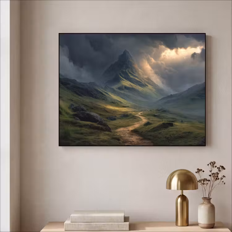 Bergen - Kronkelpad - Groen - Wolken Textielframe zwart klein -sfeer2