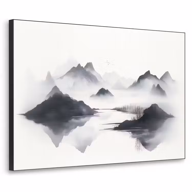 Bergen - Mistig - Water - Wit Textielframe zwart klein -3d