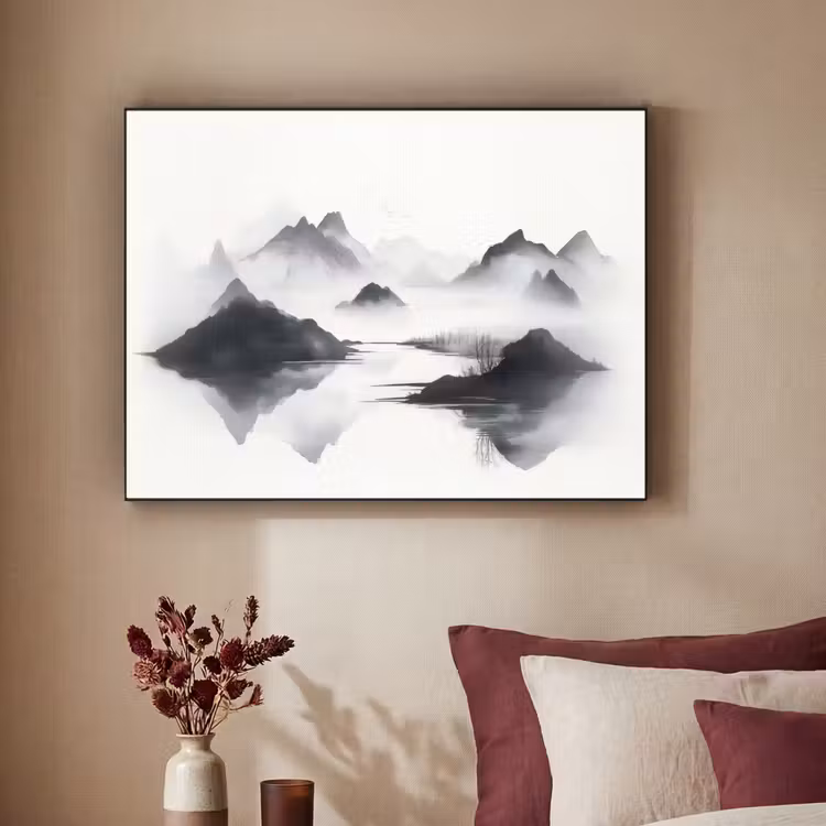 Bergen - Mistig - Water - Wit Textielframe - compleet frame klein -sfeer1