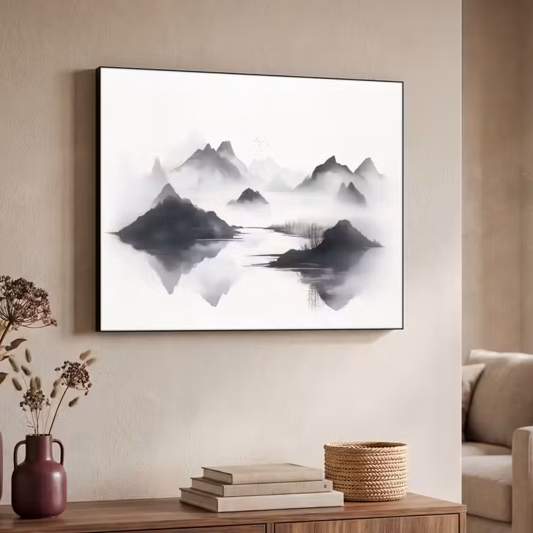 Bergen - Mistig - Water - Wit Textielframe - compleet frame klein -sfeer3