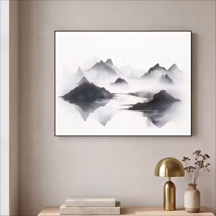Bergen - Mistig - Water - Wit Textielframe - compleet frame klein -sfeer2