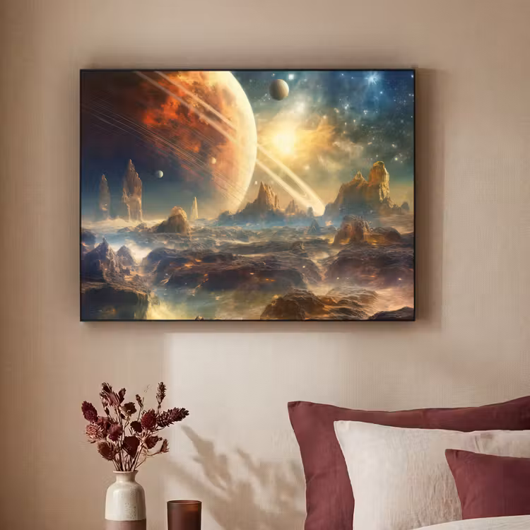 Gebergte - Planeet - Ruimte - Sterren Textielframe zwart klein -sfeer1
