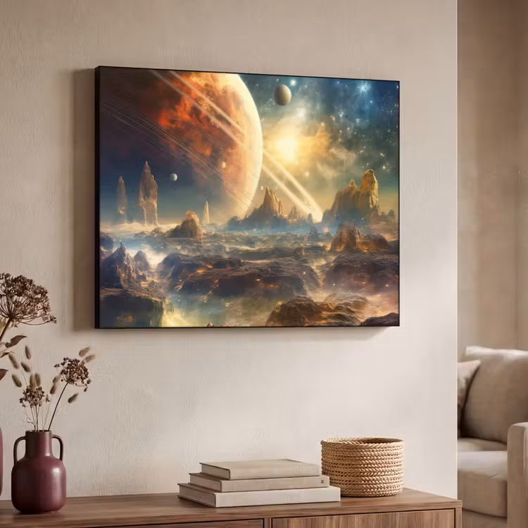 Gebergte - Planeet - Ruimte - Sterren Textielframe zwart klein -sfeer3