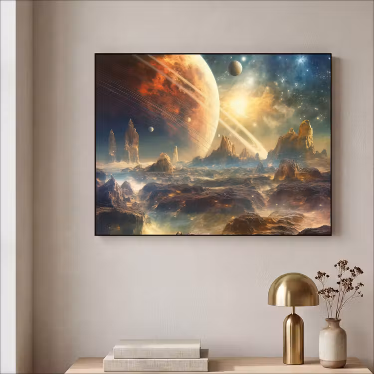 Gebergte - Planeet - Ruimte - Sterren Textielframe zwart klein -sfeer2