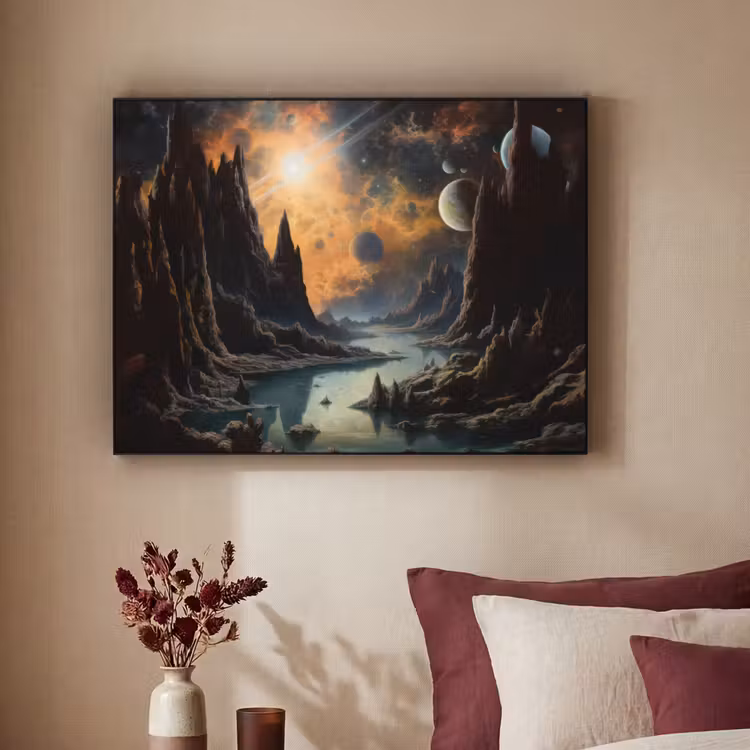 Gebergte - Rafijn - Rivier - Planeten Textielframe zwart klein -sfeer1
