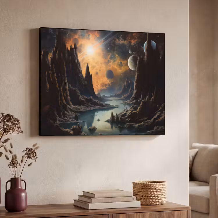 Gebergte - Rafijn - Rivier - Planeten Textielframe zwart klein -sfeer3