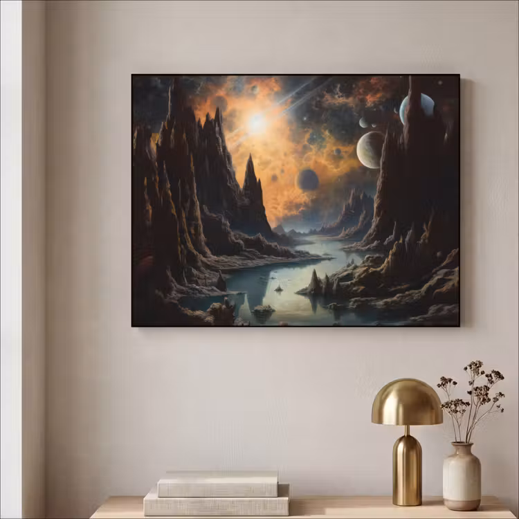 Gebergte - Rafijn - Rivier - Planeten Textielframe zwart klein -sfeer2