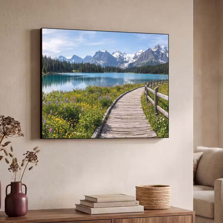 Bergen - Meer - Landschap - Blauw Textielframe zwart klein -sfeer3