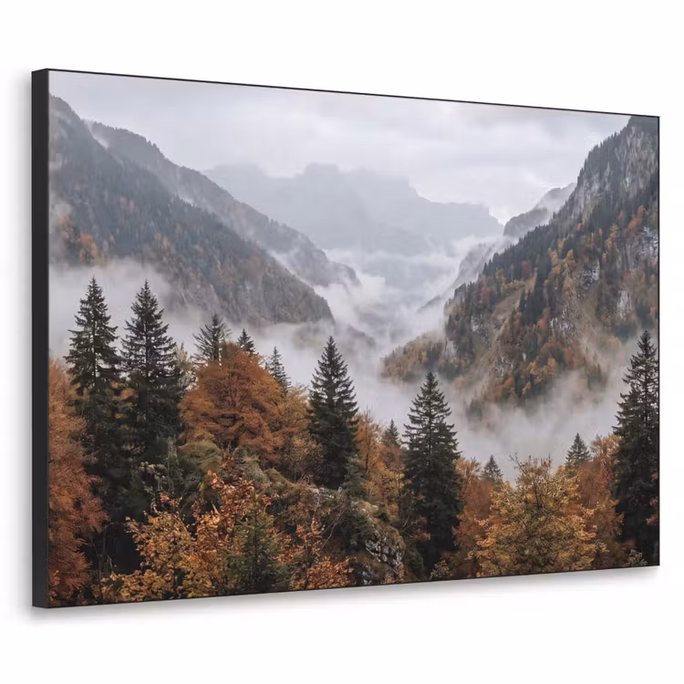 Bergen - Vallei - Mist - Herfst - Natuur Textielframe zwart klein -3d