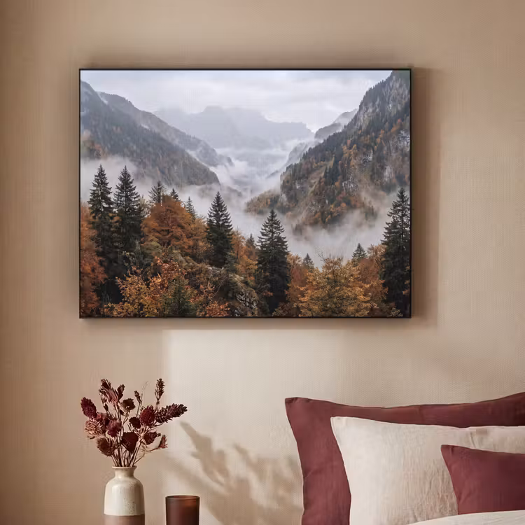 Bergen - Vallei - Mist - Herfst - Natuur Textielframe zwart klein -sfeer1