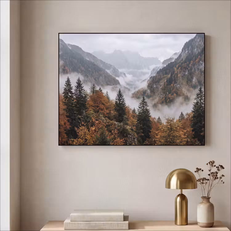 Bergen - Vallei - Mist - Herfst - Natuur Textielframe zwart klein -sfeer2