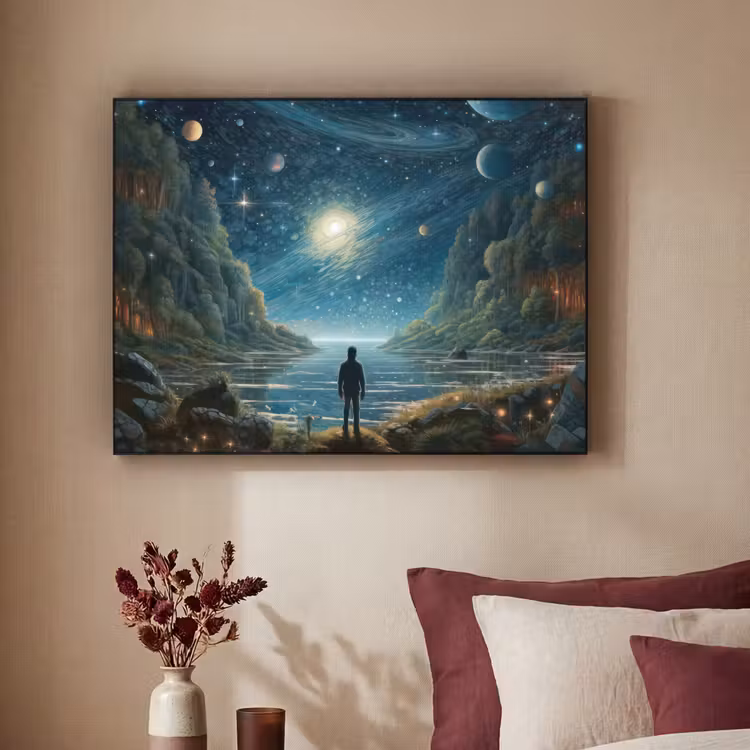 Gebergte - Water - Maan - Sterren Textielframe zwart klein -sfeer1
