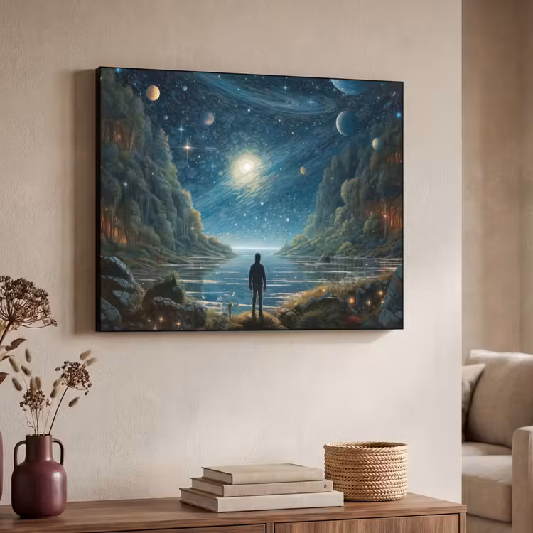 Gebergte - Water - Maan - Sterren Textielframe zwart klein -sfeer3