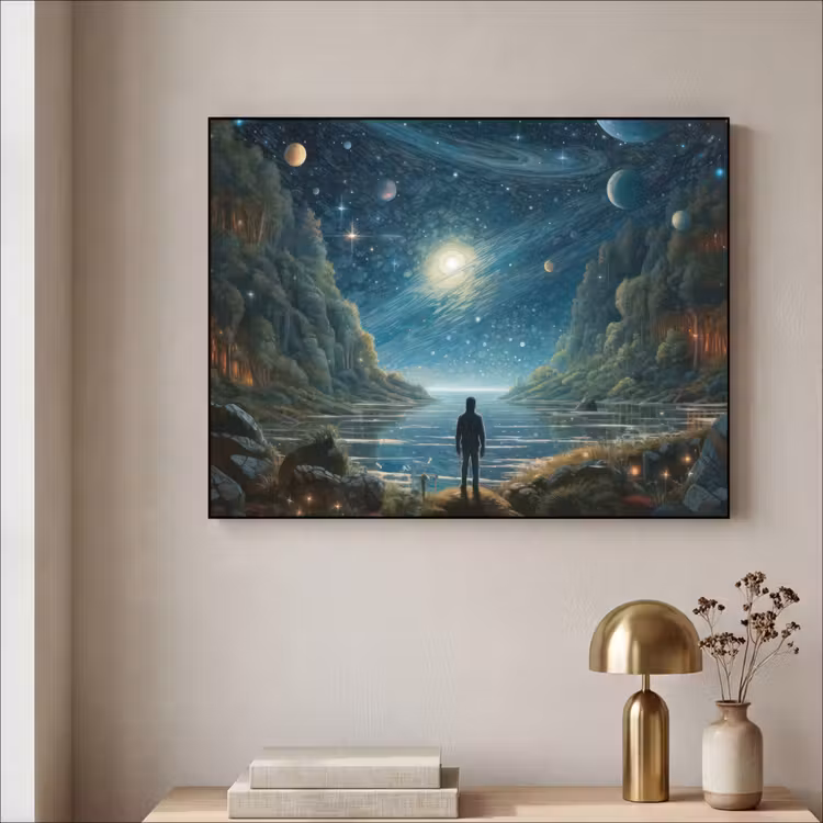 Gebergte - Water - Maan - Sterren Textielframe zwart klein -sfeer2