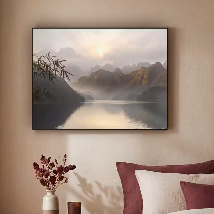 Bergen - Water - Mist - Natuur - Landschap Textielframe zwart klein -sfeer1