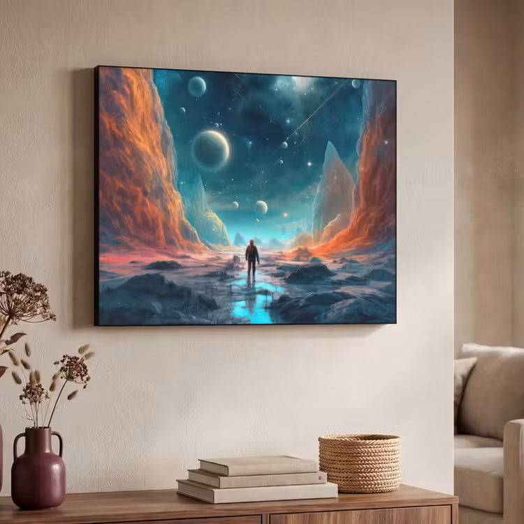 Bergen - Ruimte - Planeten - Astronaut Textielframe zwart klein -sfeer3