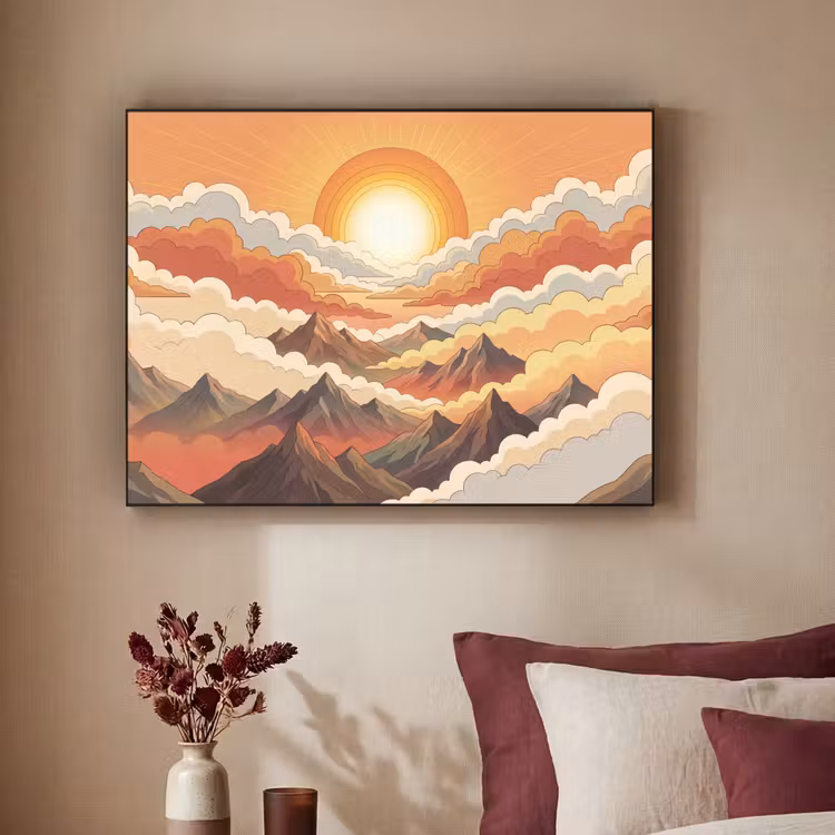 Bergen - Wolken - Natuur - Zonsopgang - Oranje Textielframe zwart klein -sfeer1