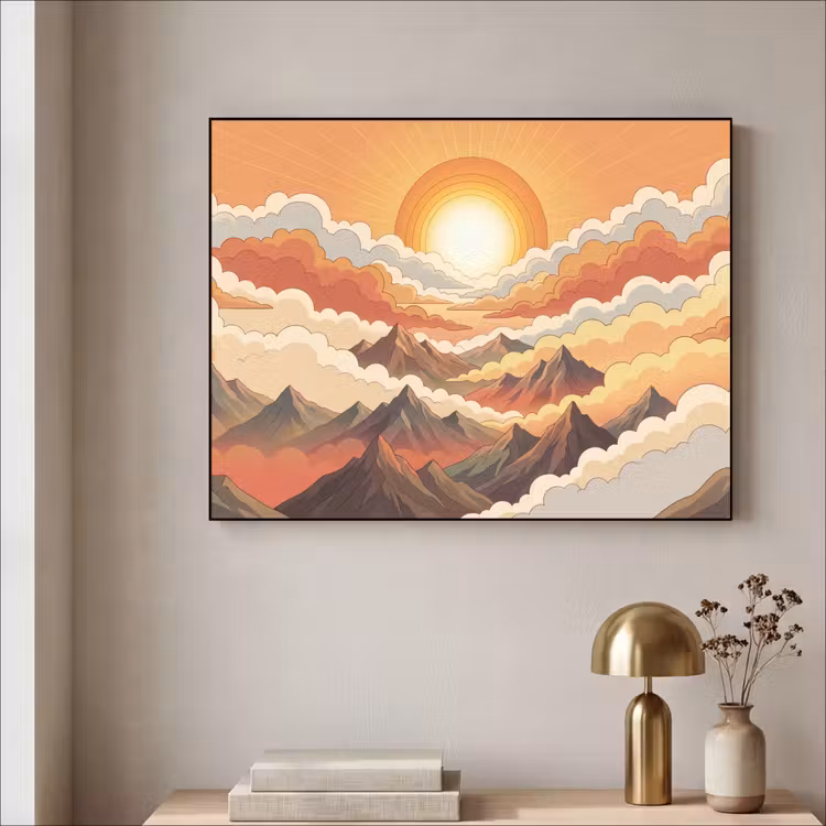 Bergen - Wolken - Natuur - Zonsopgang - Oranje Textielframe zwart klein -sfeer2