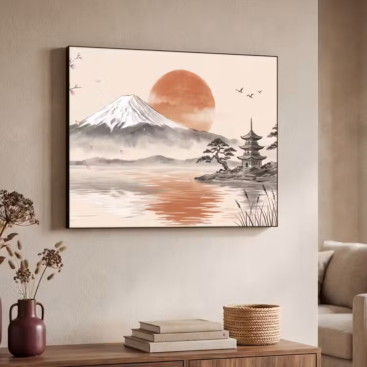 Bergtop - Meer - Bloesem Textielframe zwart klein -sfeer3