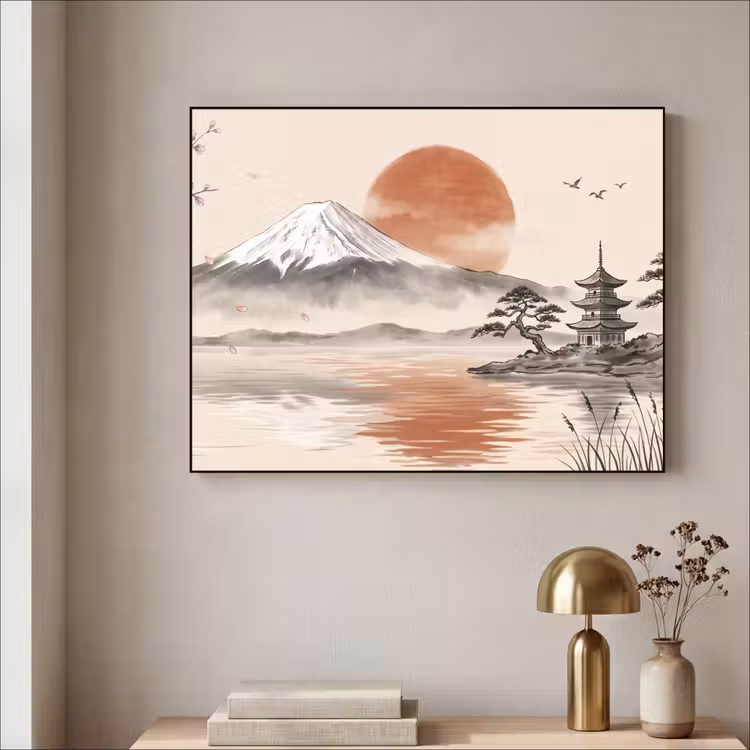 Bergtop - Meer - Bloesem Textielframe zwart klein -sfeer2
