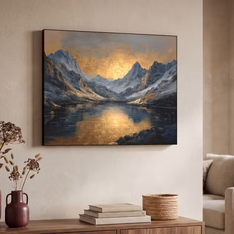 Berglandschap met Gouden Zonsondergang Textielframe - compleet frame klein -sfeer3