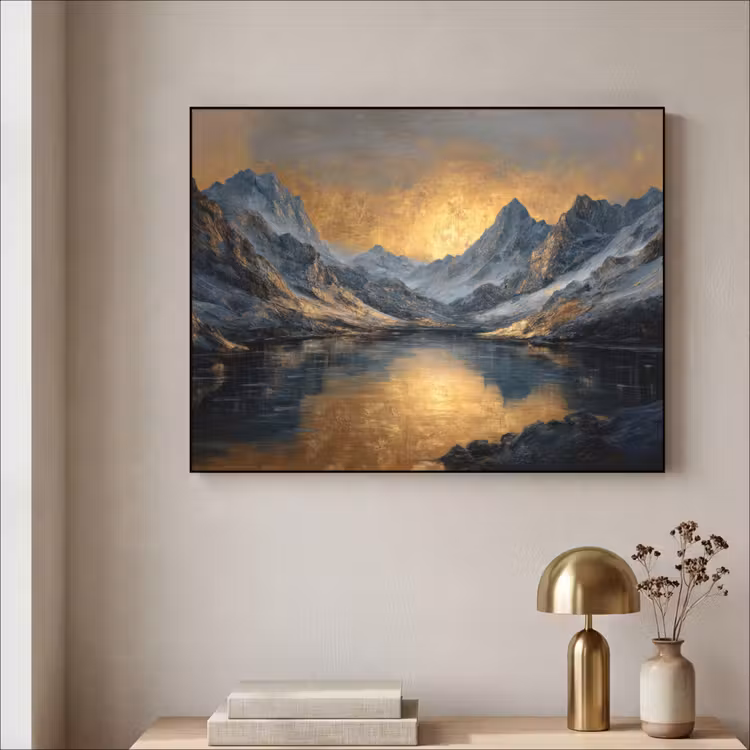 Berglandschap met Gouden Zonsondergang Textielframe - compleet frame klein -sfeer2