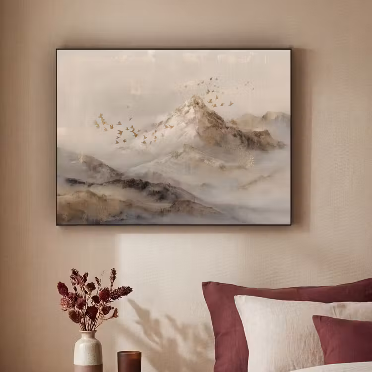 Berglandschap - Mist  - Penseelstreken Textielframe zwart klein -sfeer1